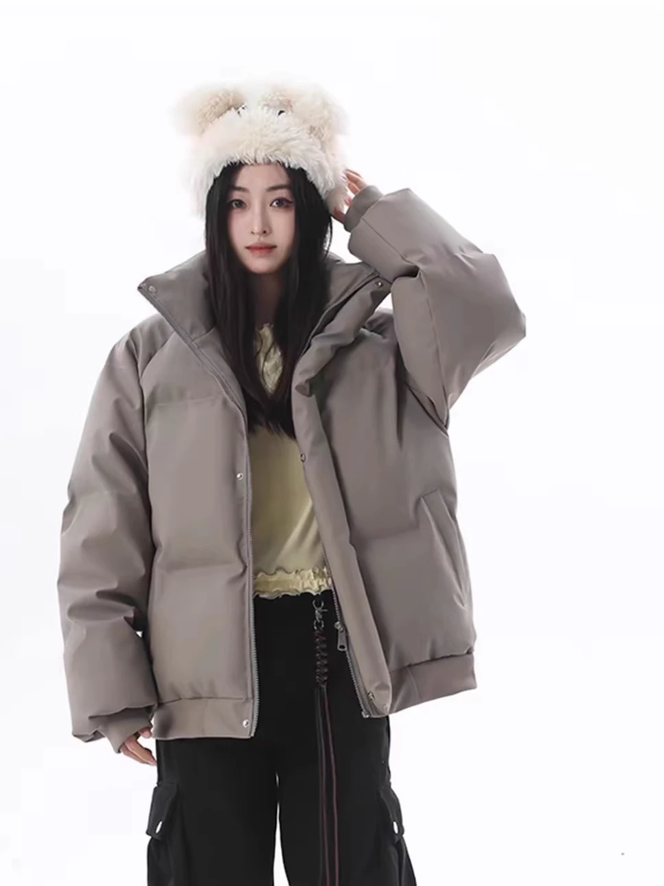 

Мужская зимняя куртка-пуховик из искусственной кожи, очень большого размера, с воротником-стойкой, утепленная, свободного кроя, повседневная