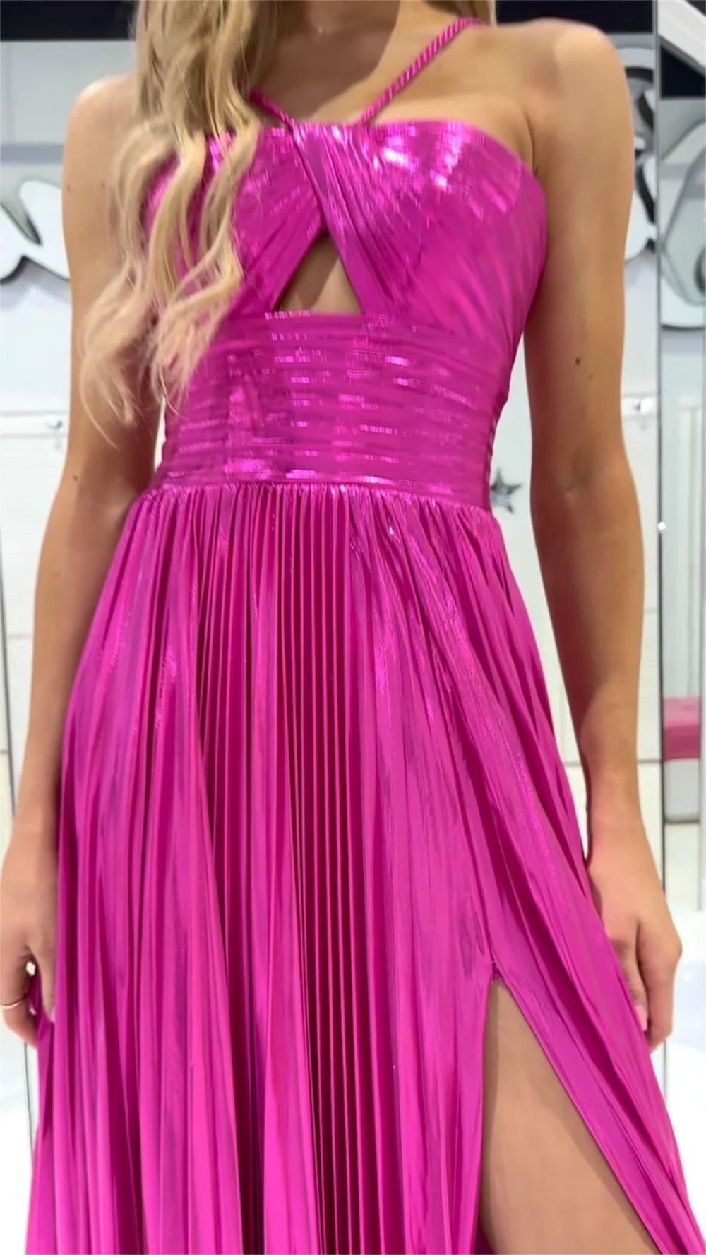 Sansa Shiny Halter Neck A-line Prom Dress Purple Side Split Vestidos De Noche Light Pleats Maxi Graduation Ball Dress