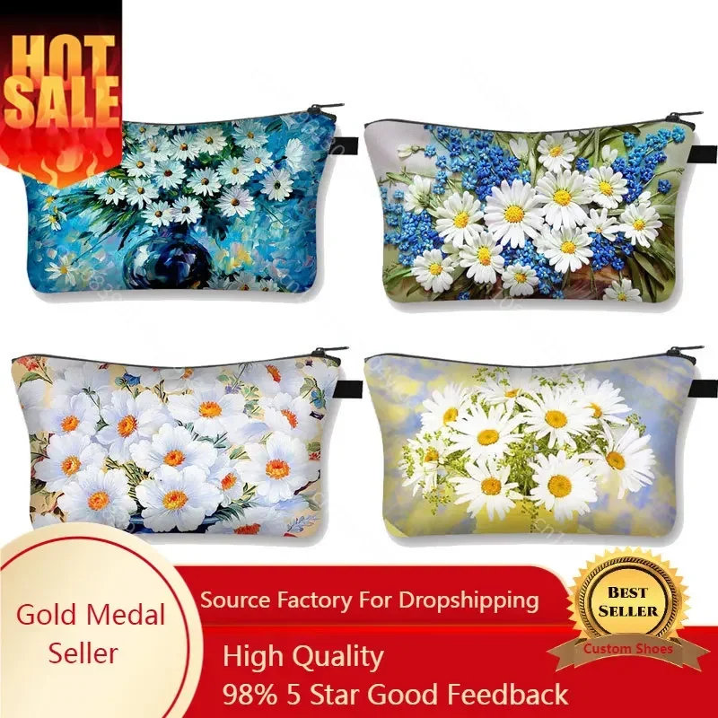 

Women Fashion Cosmetic Bags 3D Daisy Printed Daisy Pattern Makeup Bags Organizer Bag Toiletry Girls Mini Handbag