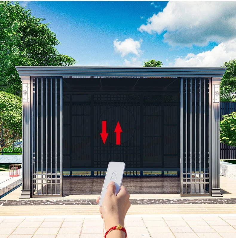 df-Electric Control Pergola Opening Roof Louver Aluminum Waterproof Gazebos Canopy New Chinese Style Electric Pavilion 3*3 3*4m！