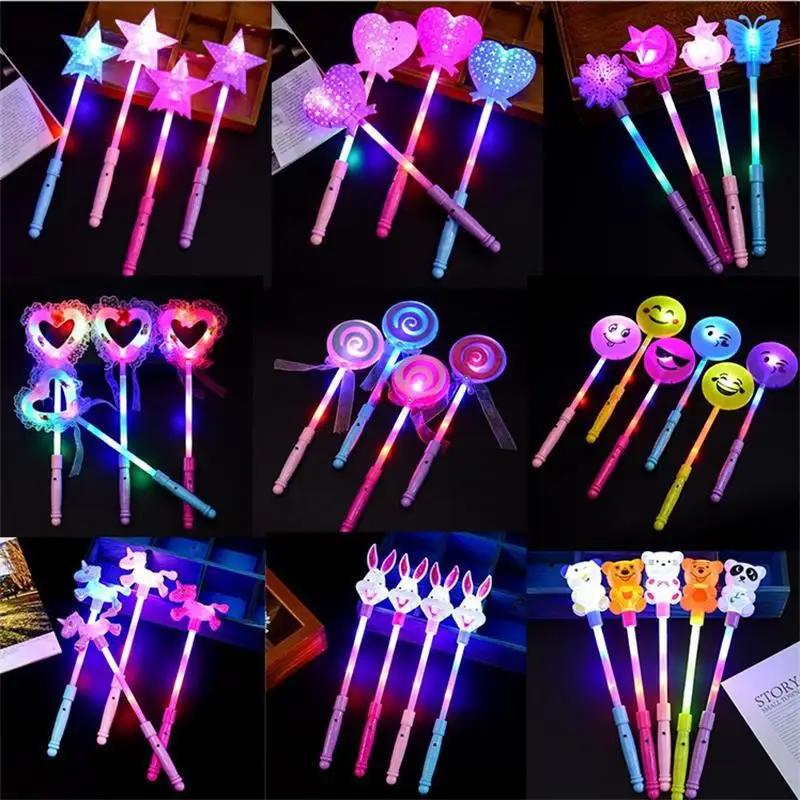 12pcs LED Flashing Cute Lollipop Love Palm Whistle Princess Magic Wand Props Party Children Gift Toys Birthday Wedding Purim