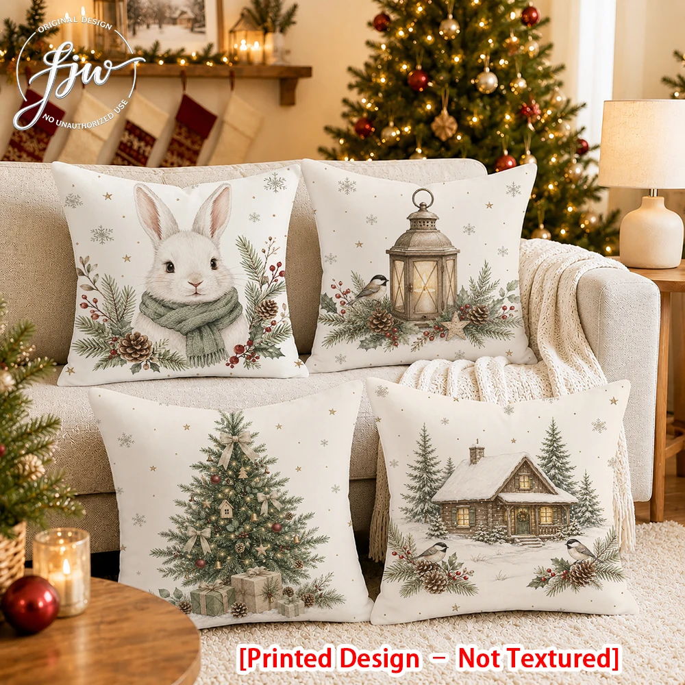 [Printed Design – Not Textured]-4pcs # Christmas Vintage Farmhouse Pillow Covers New Year party decoration cushion Cover