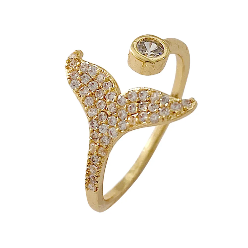 1Pcs Fishtail Whale Tail Ring Unclosed Adjustable Ring Rhinestone Elegant Hypoallergenic Tone Jewelry