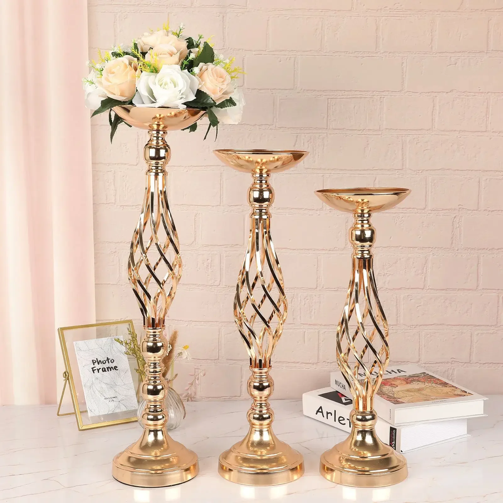 10 Stück Goldene Blumenvasen, Kerzenständer, Deko-Ständer für Hochzeiten, Partys, Events, Tischdekoration, Säulenkerzenhalter – Detail 8