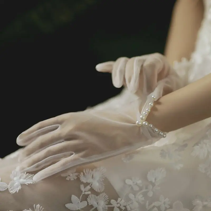 Bridal pearl retro wedding gloves versatile wedding dress party accessories aesthetical mesh short photo accessories