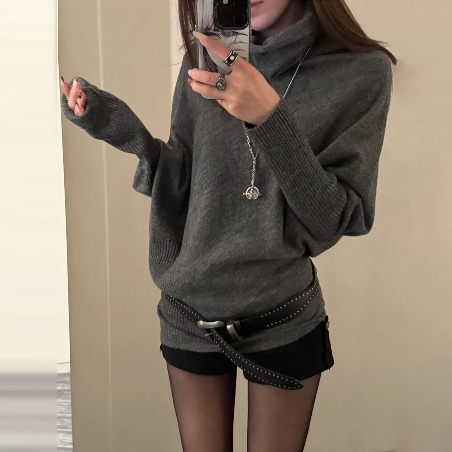 

Women Irregular Bat Sleeve Sweater Korean High Neck Knit Top Long Sleeve Retro Chic Warm Versatile Autumn Winter Fashion