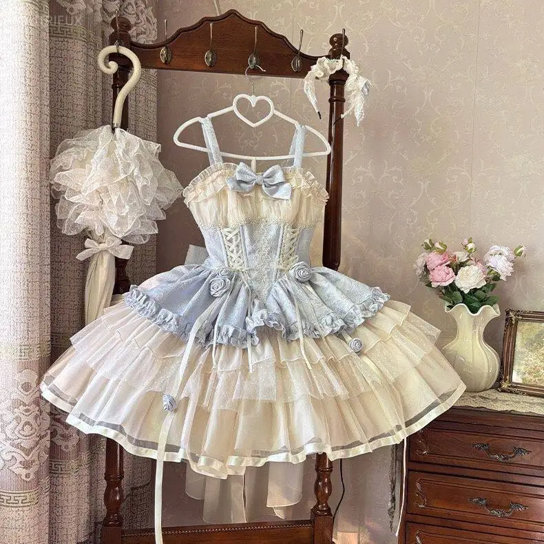 Japanese Kawaii Fresh Bow Ruffles Patchworork Cake Dress Ballet Style Lolita JK Gown Ball Short Robe Y2k Aesthetic Slim Vestidos