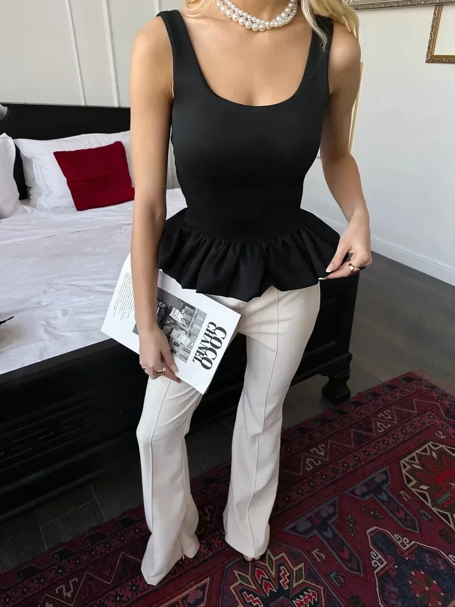 ZEKYE nouveau femmes été à la mode sans manches à volants bord Patchwork gilet court col carré polyvalent Simple et élégant haut