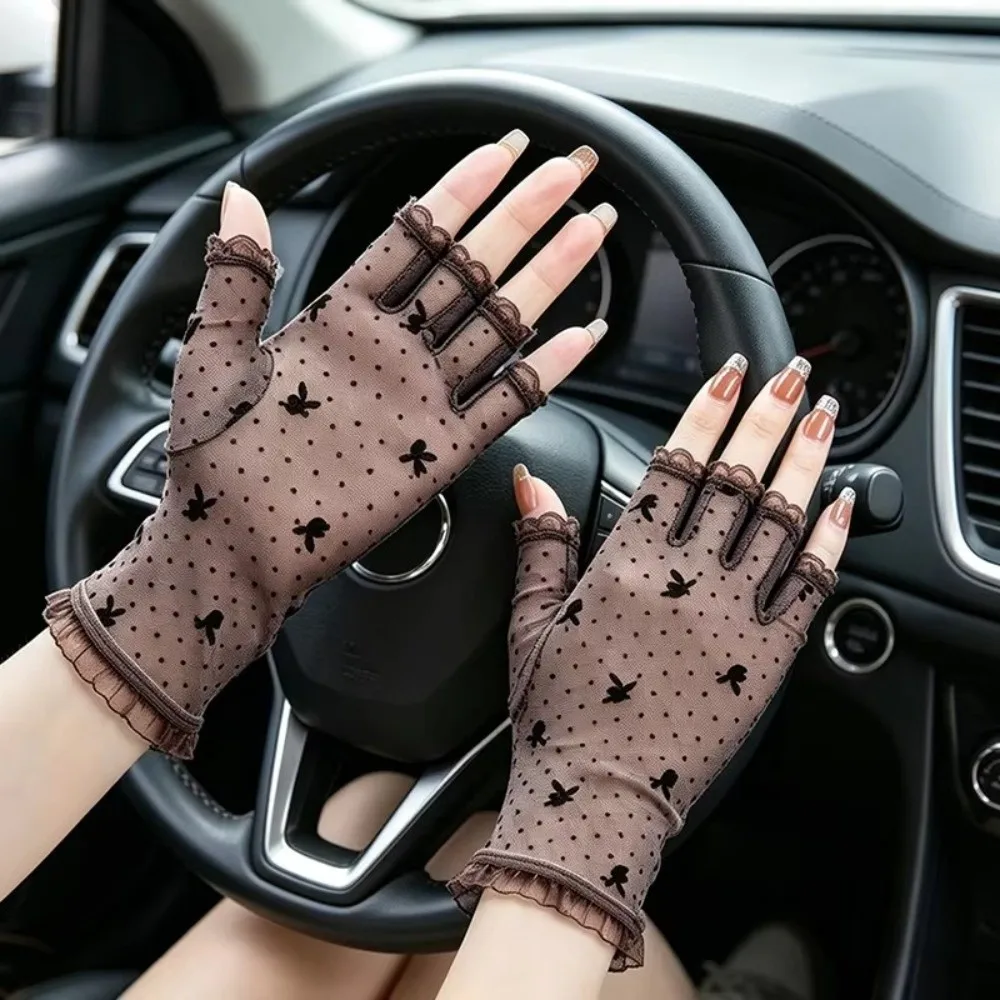 Lace Design Half Finger Gloves Exposed Finger Little Rabbit Pattern Short Gloves Thin Material Summer Weight Thin Gloves