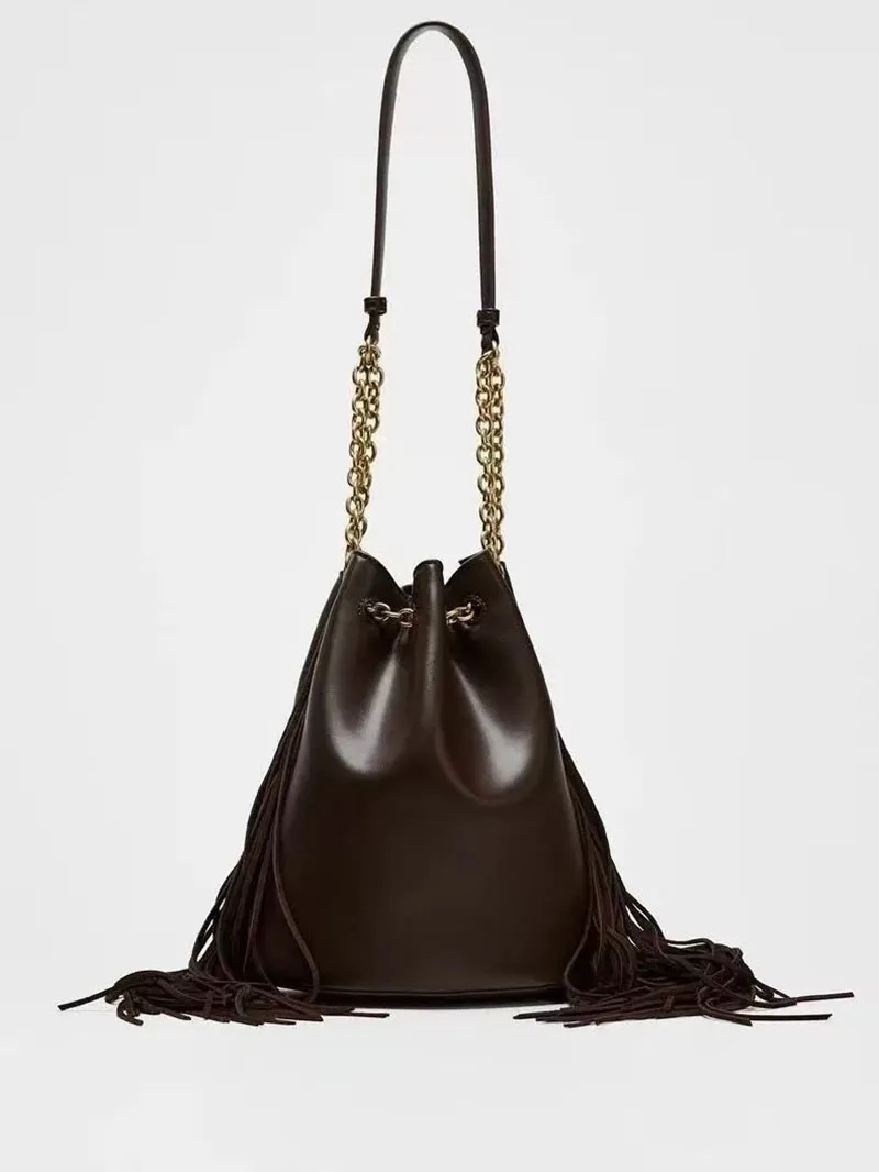 Fashion Tassel Bucket Bag Chains Drawstring Bags For Women Shoulder Bag PU Leather Handbag Ladies High Quality Purses New Tote