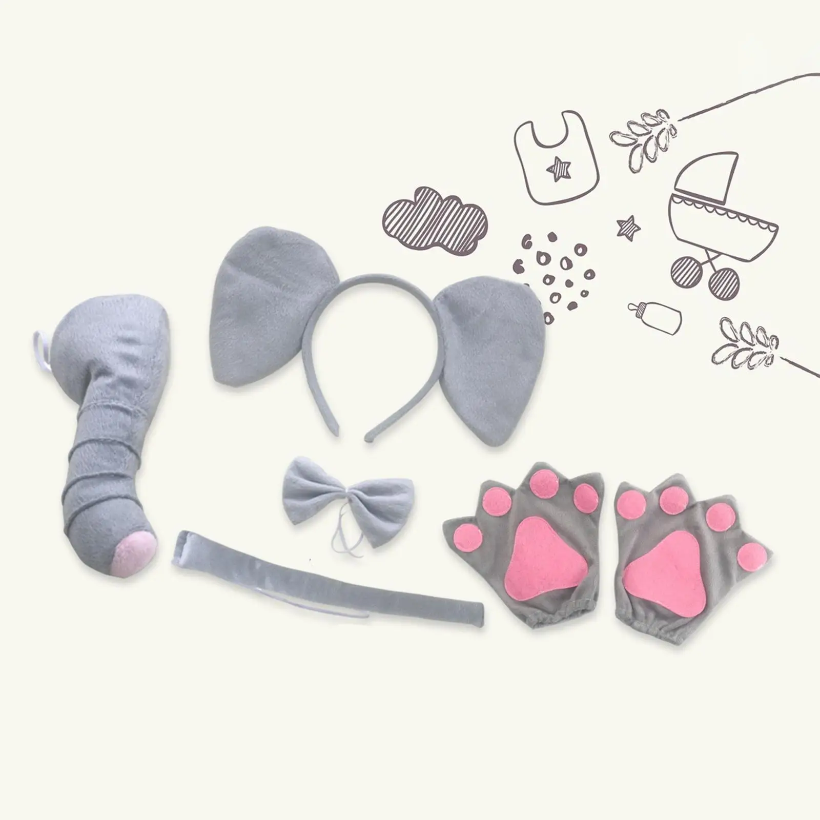 動物コスプレドレス子供用象コスチュームセット耳ヘッドバンド鼻蝶ネクタイ尻尾付きステージパフォーマンスパーティー用