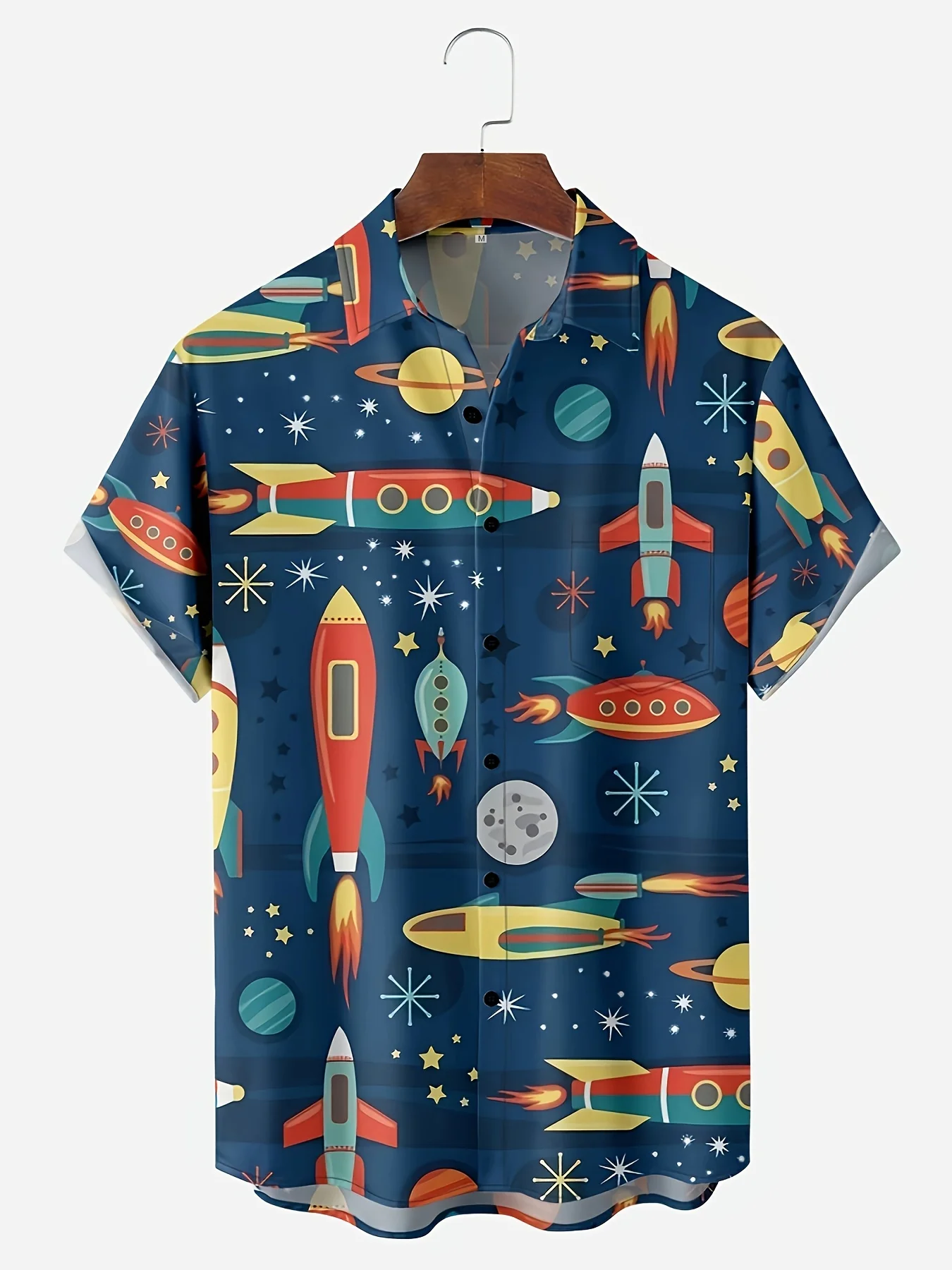 Hawaiian Rocket and Spaceship All Over Print Men's Chic Short Sleeve Summer Lapel Shirt, Gift for Men