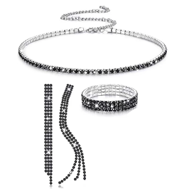 Mogaku Volledig Zwart Kristal Kettingen Armbanden Oorbellen Ringen Mode Steentjes Sieraden Sets Vrouwen Meisjes Feest Sexy Accessoires