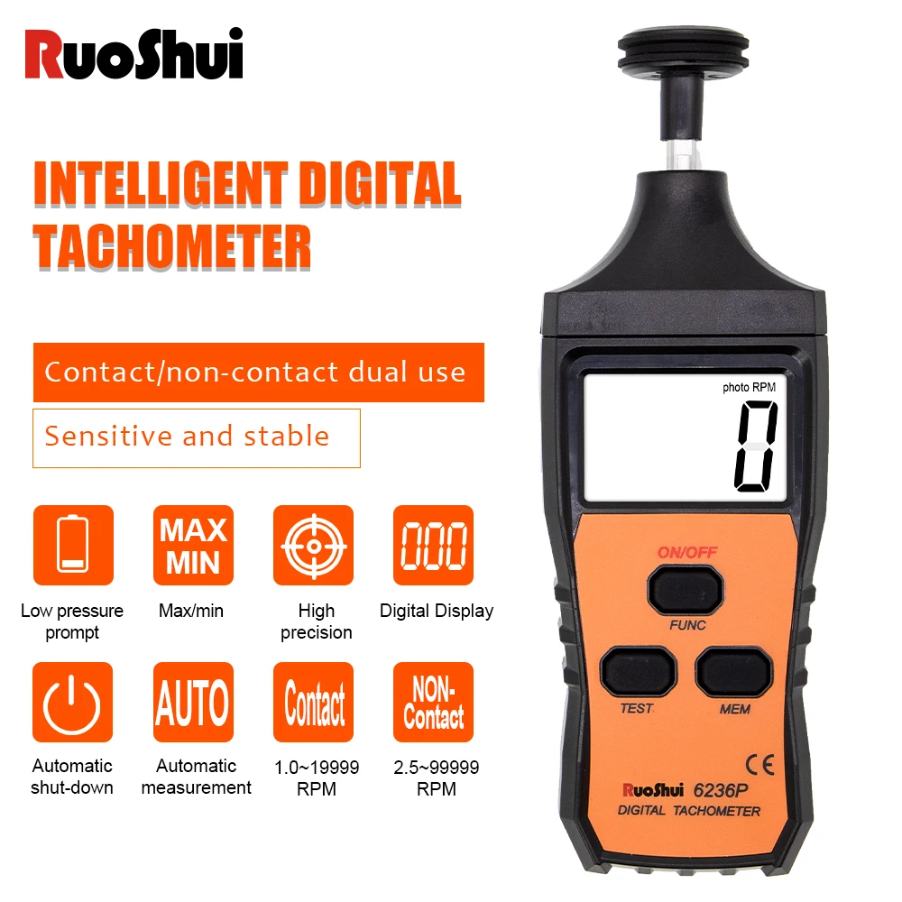 

RuoShui 6236P Digital Tachometer Max 99999 RPM Laser Speed Tester Motorcycle Auto Singal Trigger Non-Contact LCD Tacometro Meter