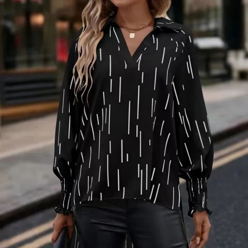 Camisa casual listrada solta para mulheres, blusa de manga comprida com gola V, tops da moda, roupas de streetwear, novo, primavera, outono, 2024, 25284