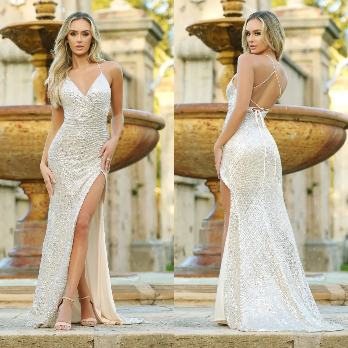 Sexy Sequined V Neck High Slit Formal Party Gowns For Special Events Wedding Dresses Elegant Long Spaghetti Strap Evening Dress