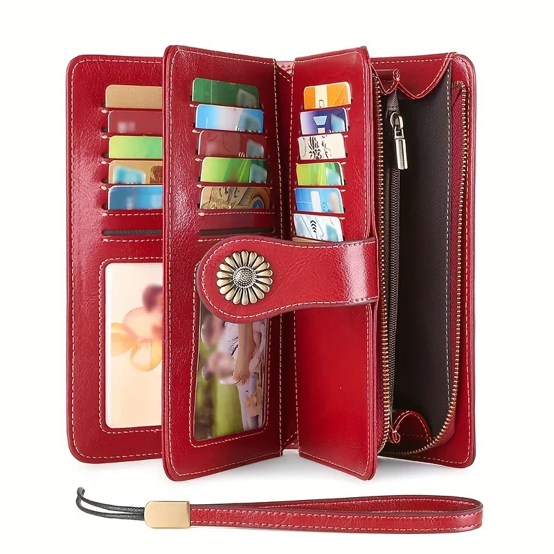 Carteira longa elegante feminina com alça de pulso removível, couro esculpido oco, porta-cartões de bloqueio multifuncional, lar