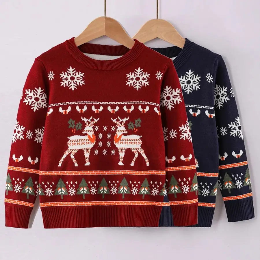 Children Sweater Casual Knitwear Elk Knitted Tops Full Sleeve O Neck Warm Christmas Pullover Kids Outfits New Year Clothes