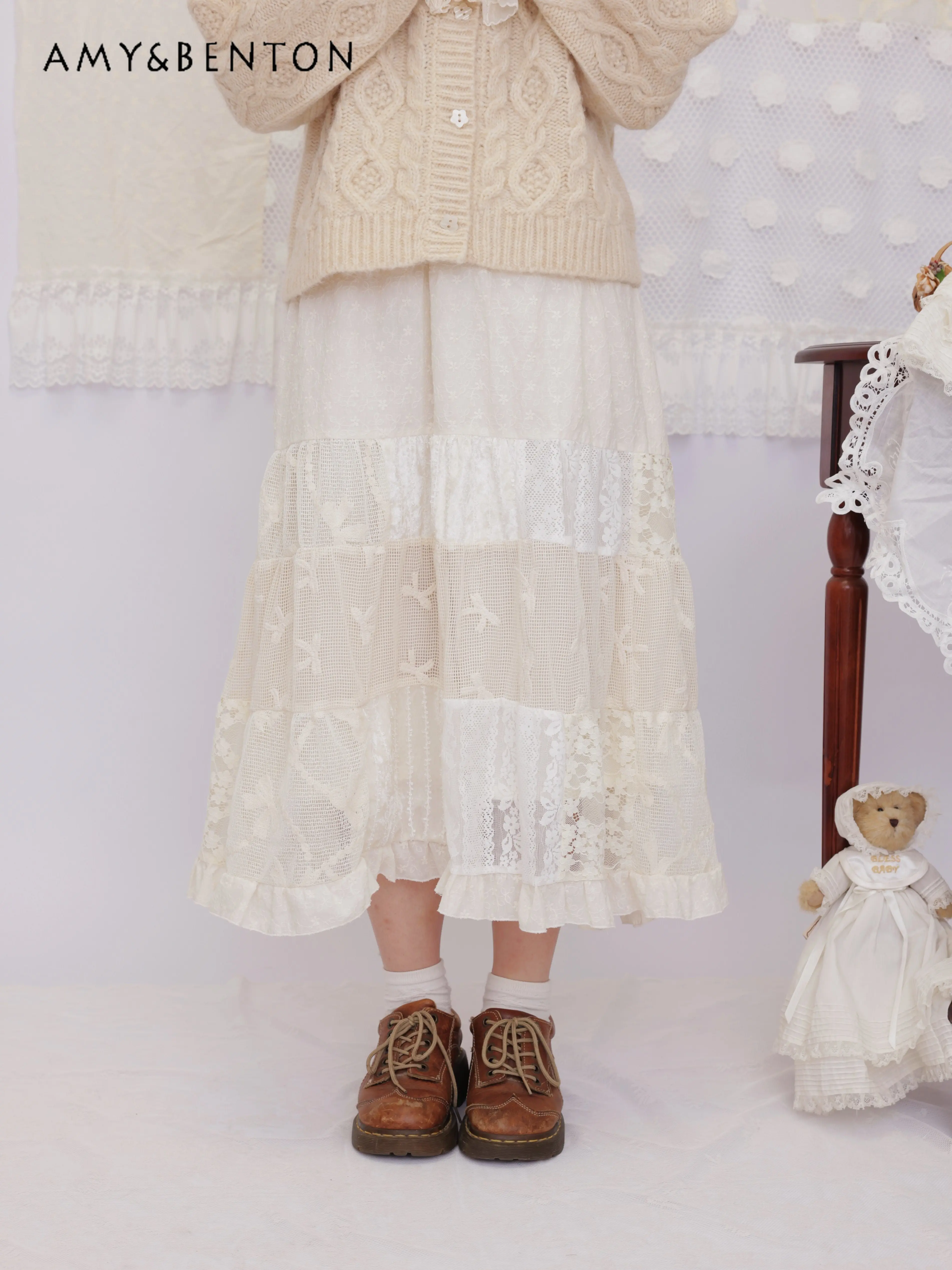 

Retro Girl Lace Crochet Embroidery Splicing Women's Long Skirt 2026 New Sweet Cute Versatile Age-reducing Cake Skirts Ladies