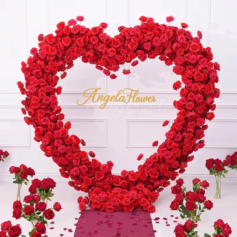 Cloth Base White Rose 5D Floral Row Arrangement Decor Wedding Backdrop Love Heart-Shaped Arch Frame Stage Flower Stand A8203