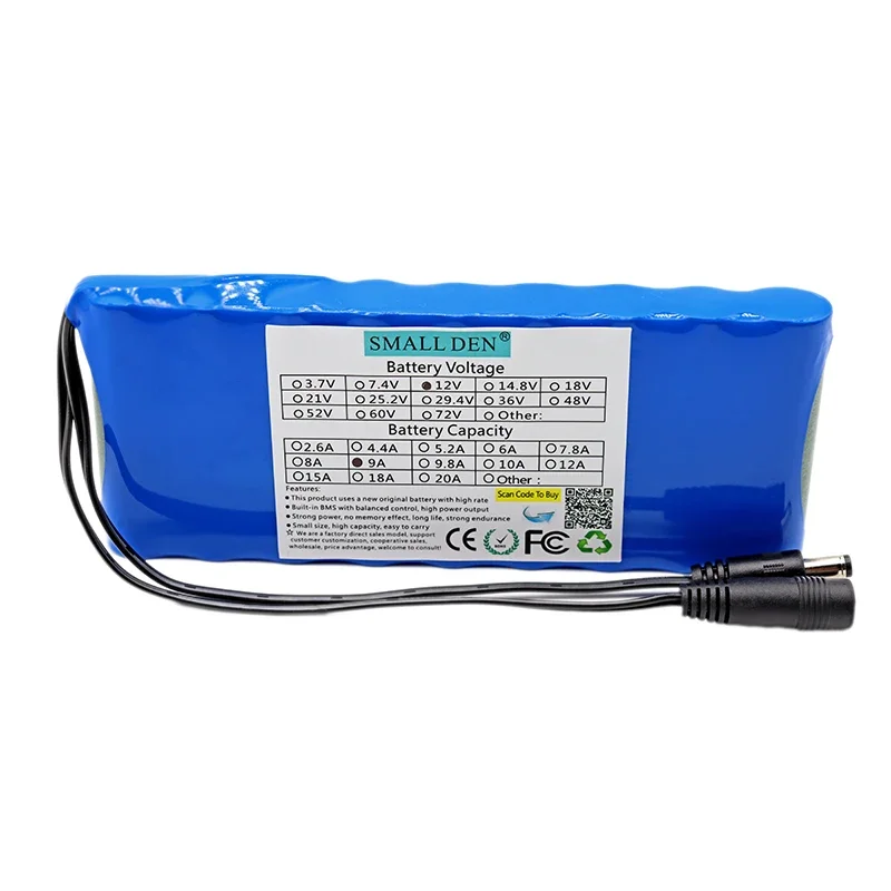 12V 9A DC18650 lithium ion battery portable rechargeable battery 12.6V 9000mAh battery/12.6V battery pack + 12.6V1A charger