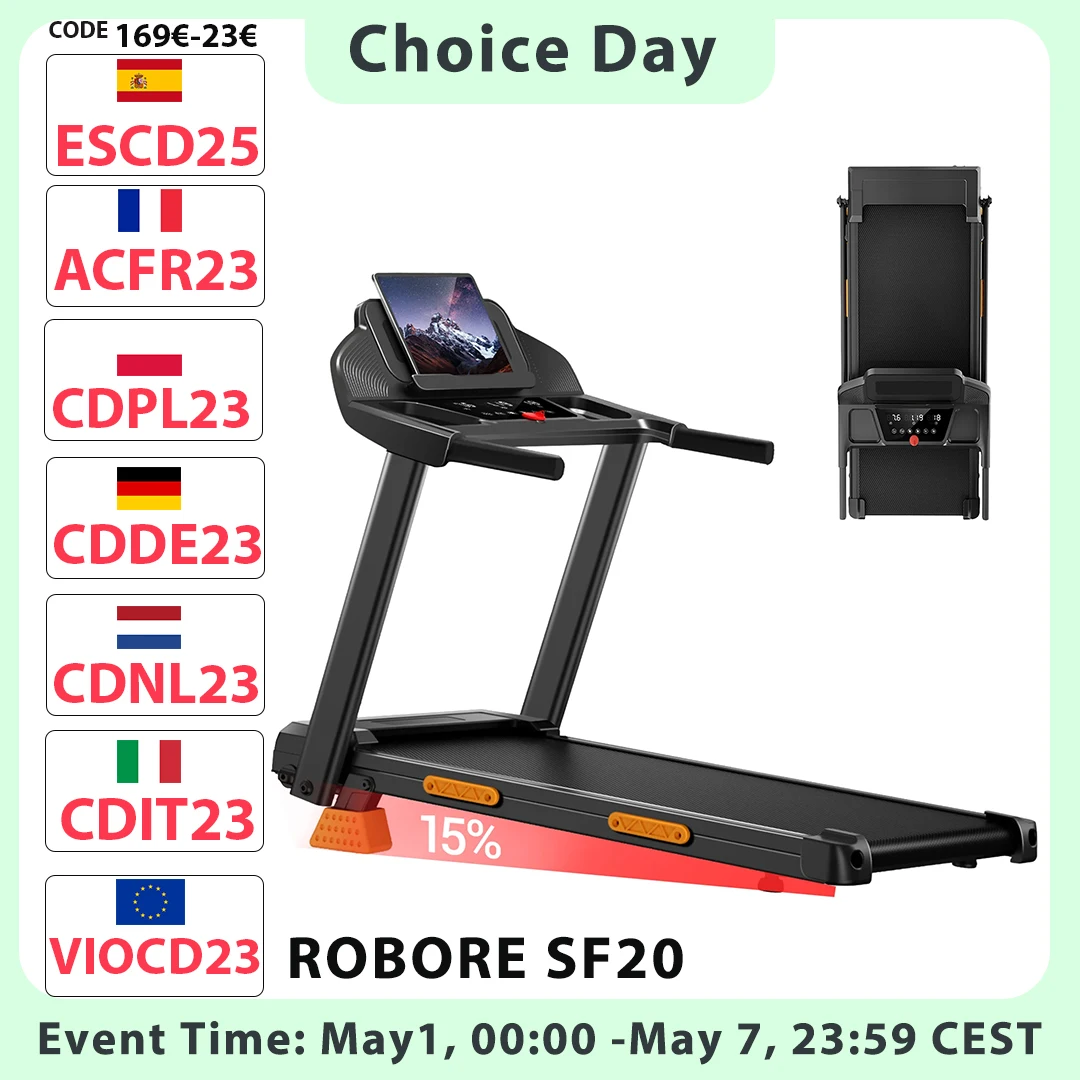 Tapis roulant pliable ROBORE SF20 avec inclinaison de 15 %, 12 km/h, avec accoudoirs, charge maximale 136 kg pour la maison et le bureau