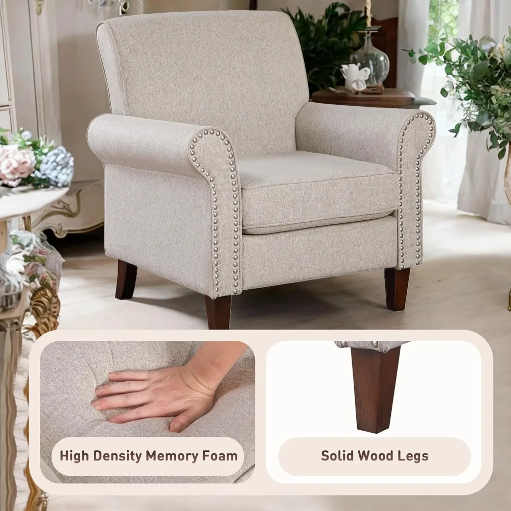 Большой удобный тканевый стул с акцентом для гостиной — мягкий диван с подушкой, свернутыми подлокотниками и отделкой гвоздями