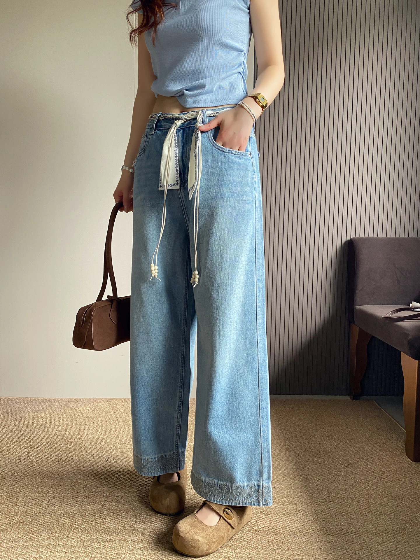 

High Waist Loose Fit Straight Leg Jeans Women's Spring 2026 New Style Embroidered Wide Leg Denim Pants Casual Slimming