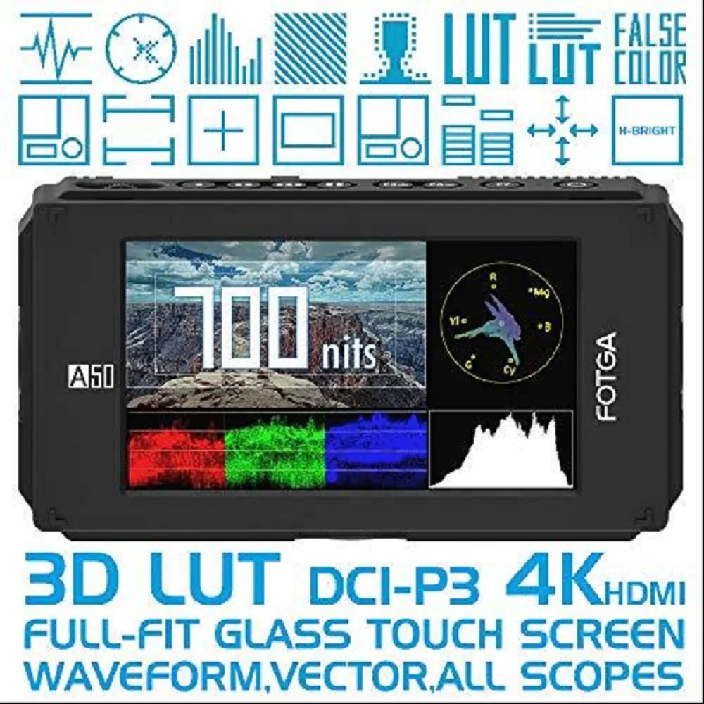 FOTGA A50TLS 5 بوصة FHD IPS DCI-P3 واسعة اللون Gamut لمس فيديو سينما DSLR كاميرا مراقبة ميدانية الموجي ناقلات ثلاثية الأبعاد LUT FHD
