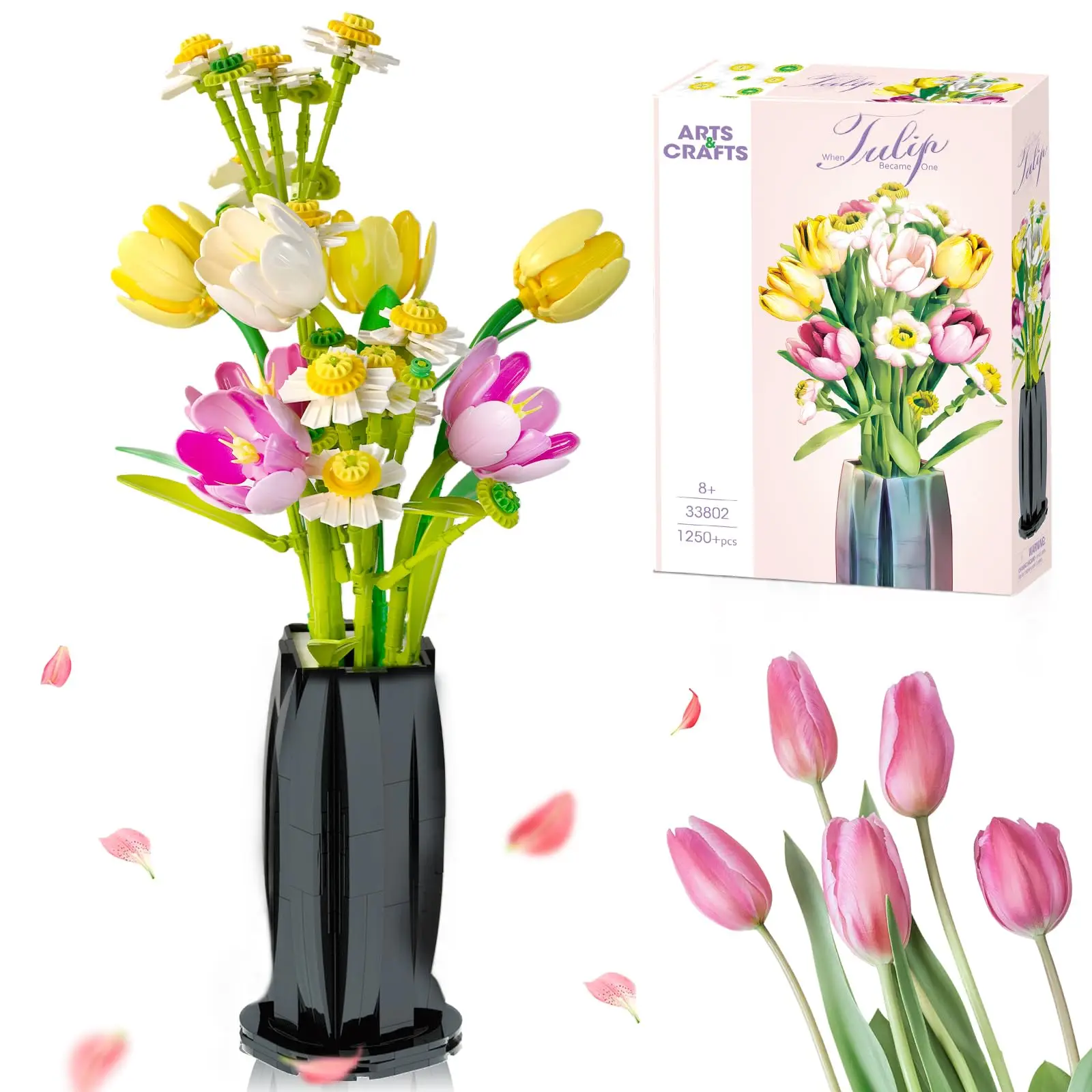 1250PCS Tulip Bouquet Building Blocks Flower Eternal Flower Vase Model Bricks Home Decoration Kids DIY Toys Girls Romantic Gifts