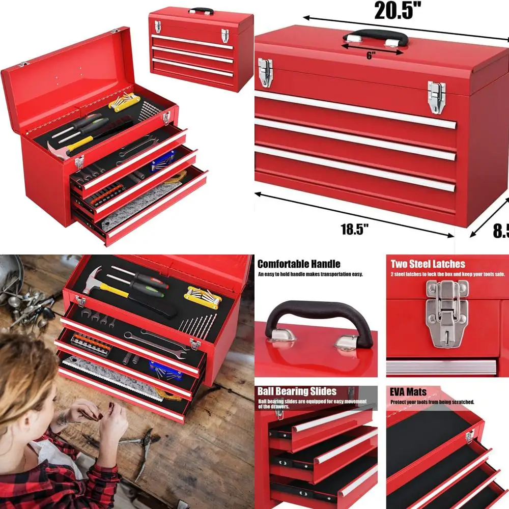 

20.5 Lockable Metal Toolbox with 3 Drawers for Heavy-Duty Storage in Garages and Workshops
