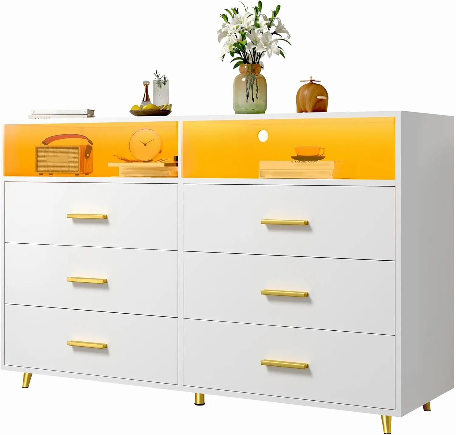 Commode à 6 tiroirs pour chambre à coucher Commode moderne blanche avec lumières LED, grand meuble TV, couloir, 47,3' L x 39,4' H x 15,8' D