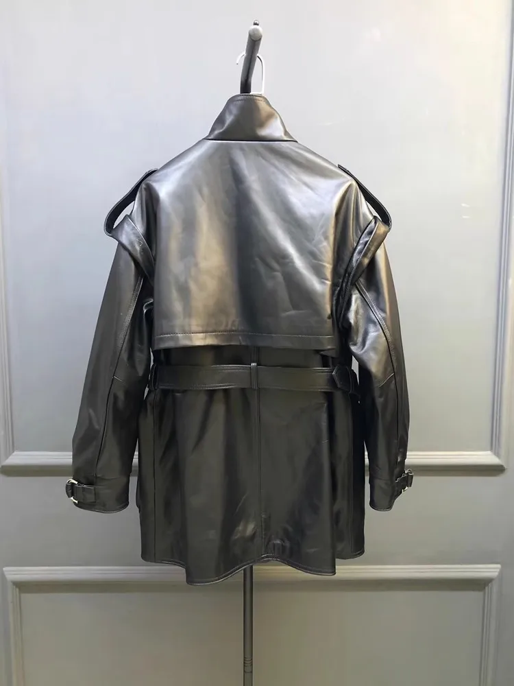 Women Retro Mid Long Luxury Genuine Leather Jacket Stand Collar Fashion Workwear Outerwear Pocket Belt Zip Real Sheepskin Coats