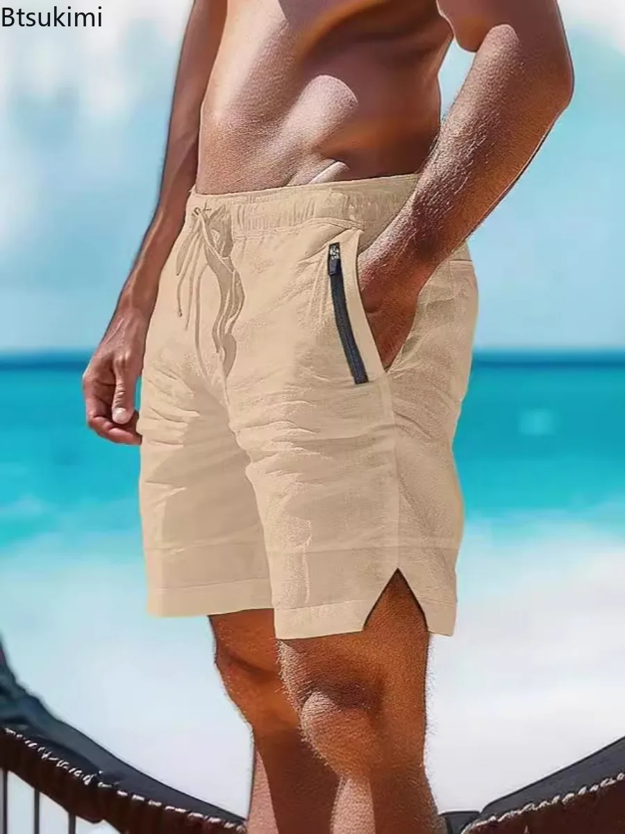 2025 Summer Men's Casual Shorts Breathable Cotton Beach Pants Fashion Elastic Waist Drawstring Sweatpant Men Baggy Pocket Shorts