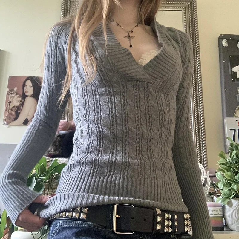 Suéter de Punto con Cuello en V Cruzado, Color Puro, Estilo Informal, Ne Hegel, Otoño Invierno, Nuevo, Fibra de Poliéster