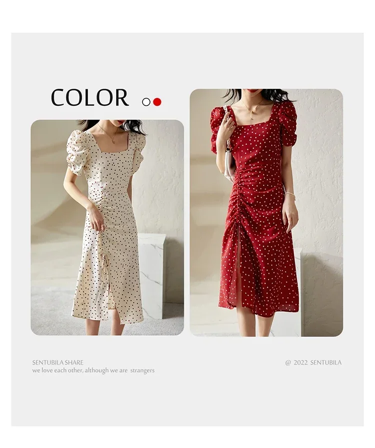 SENTUBILA Sommerkleider Damen 2026 Französisches Elegantes Polka-Dot-Kleid mit Kurzen Ärmeln, Quadratischem Ausschnitt, Raffung und Schlitz 122L41885 – Detail 12