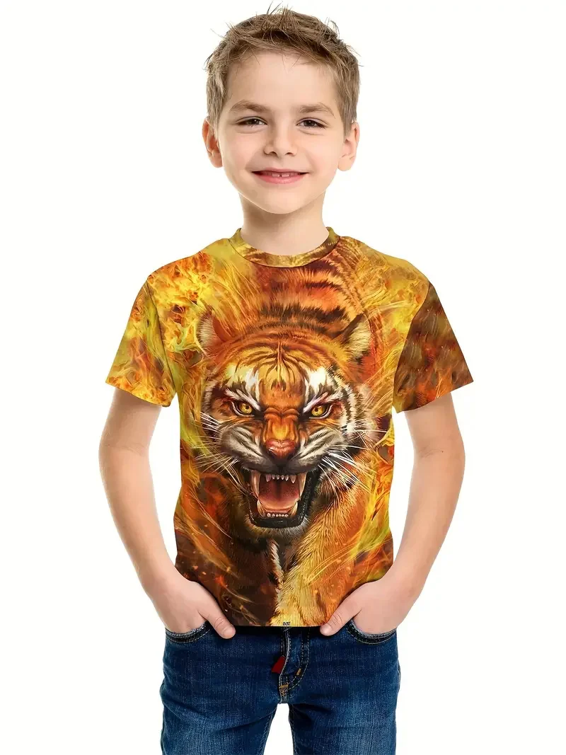 

2024 Retro Lion Fashion T Shirt Animal 3d Print Top Tee Shirt Kids Boys Clothes Anime Short Sleeve Casual Children's Clothing