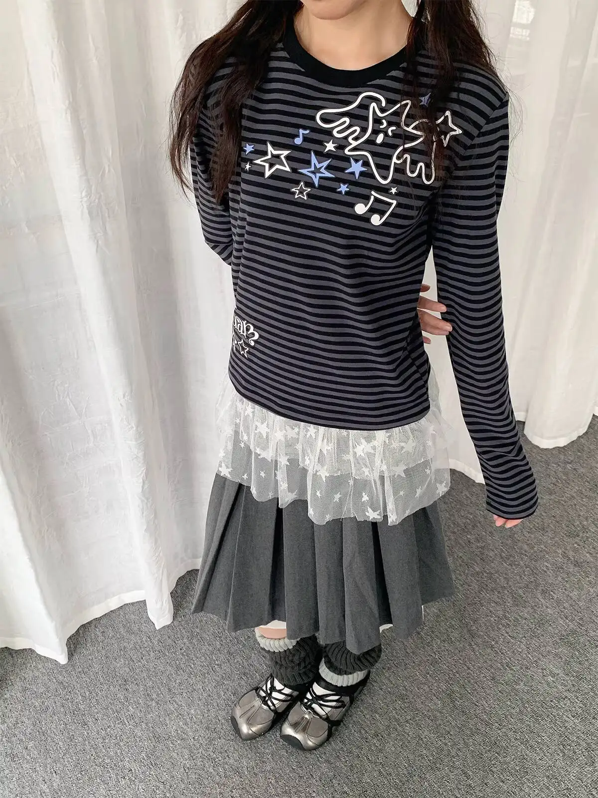 Y Demo Y2k Cute Lace Patchwork Striped Star Printing Long-sleeve T-shirt Women Mesh Spliced Long Tee