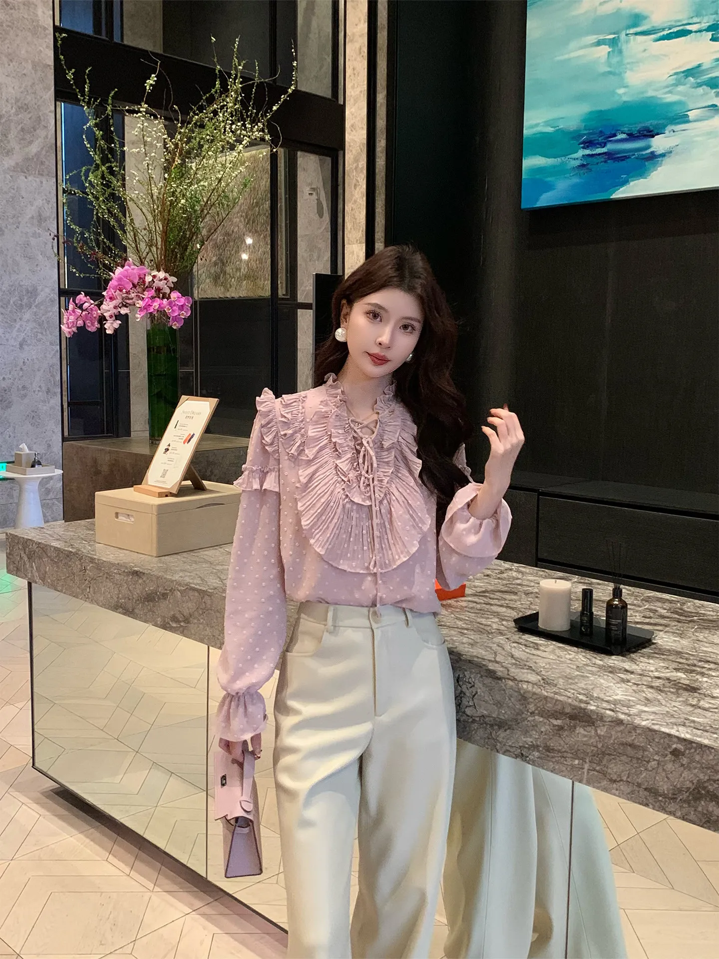

Kun Total Pink V-neck Chiffon Shirt Women's Spring High-grade Elegant Slimming Top New Style Casual Style Long Sleeve Blouse