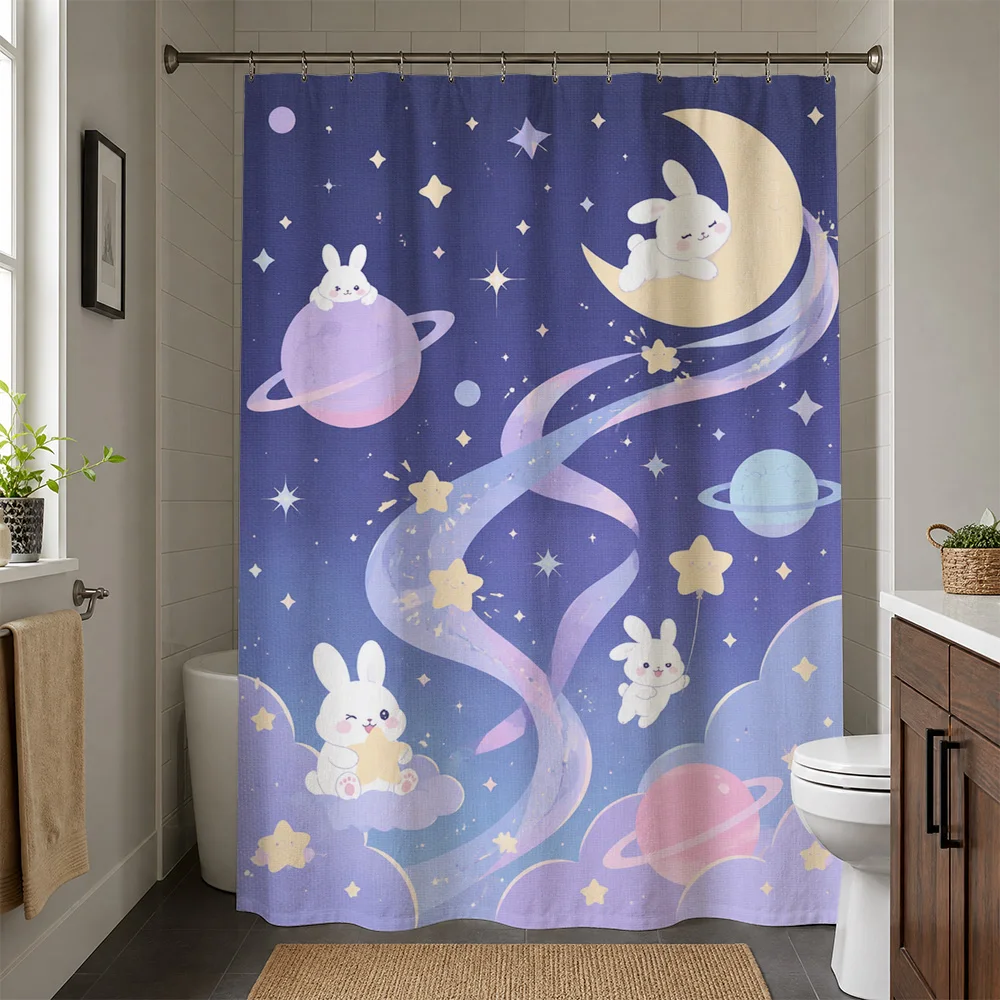 Cute Cartoon Moon Stars Planets Galaxy Shower Bathroom Shower Curtain Nursery Decor Kids Kids Bathroom Shower Curtain