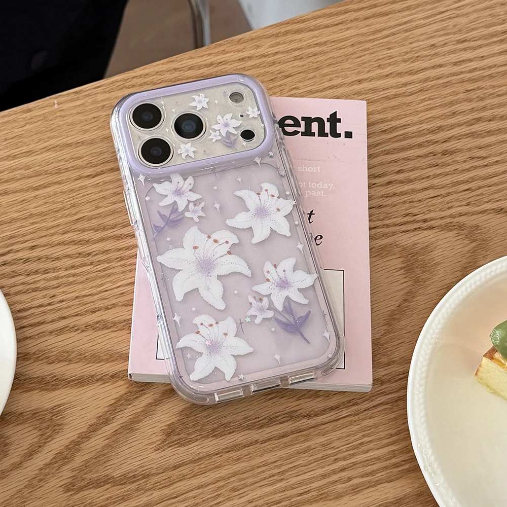 Frühlingshafte, glitzernde Lilien-Blumen-Handyhülle: Stoßfeste, funkelnde Schutzhülle für iPhone 17 Pro Max, 16, 15 Pro Max – Glitzernde, transparente Abdeckung – Detail 5