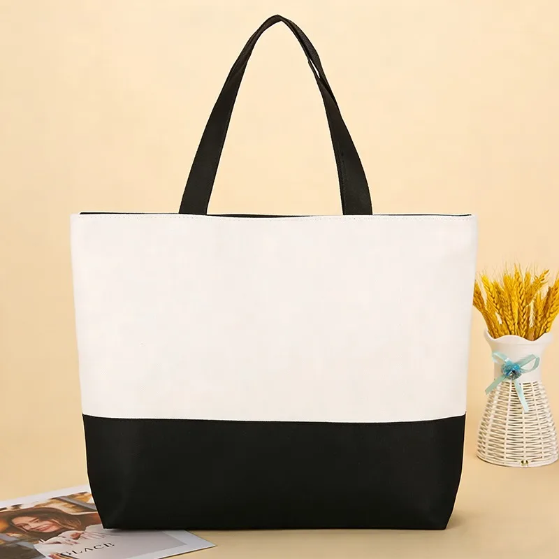 

Женская сумка-тоут большой вместимости, повседневная студенческая сумка через плечо, легкая сумка для книг из полиэстера и хлопка, черно-белая, в простом стиле