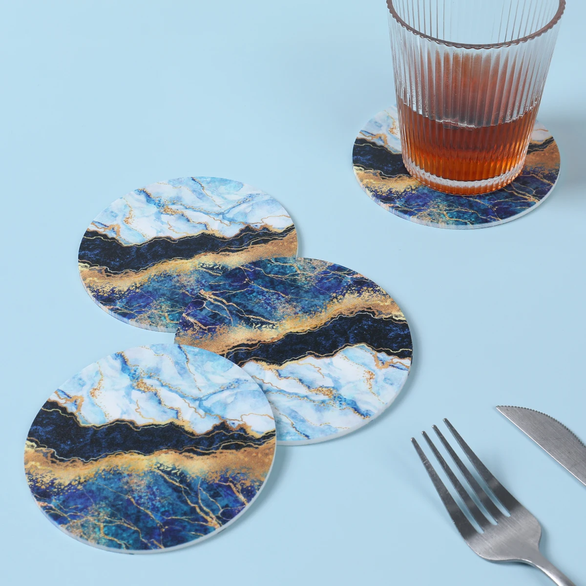 4pcs Artificial Leather Marble Coaster Easy to Clean Placemats Round Tea Pad Drink Coffee Cup Mat Table Pad Holder Placemats