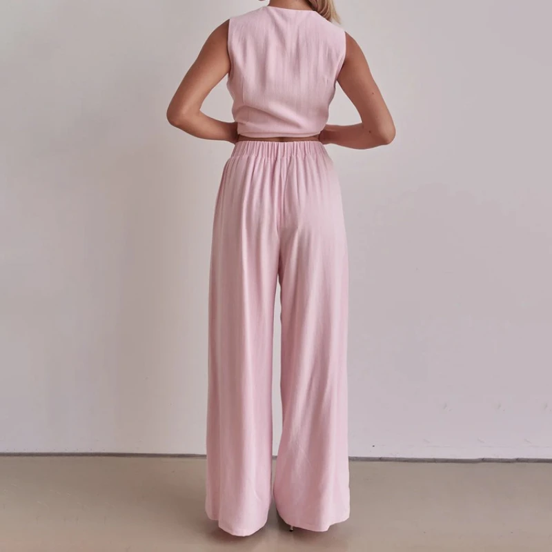 TARUXY Fashion Lace Up Hosen Sets frauen Ärmellose Weste Top Solide Lose Hosen Set Herbst Neue Dame Elegante Pendler Outfits