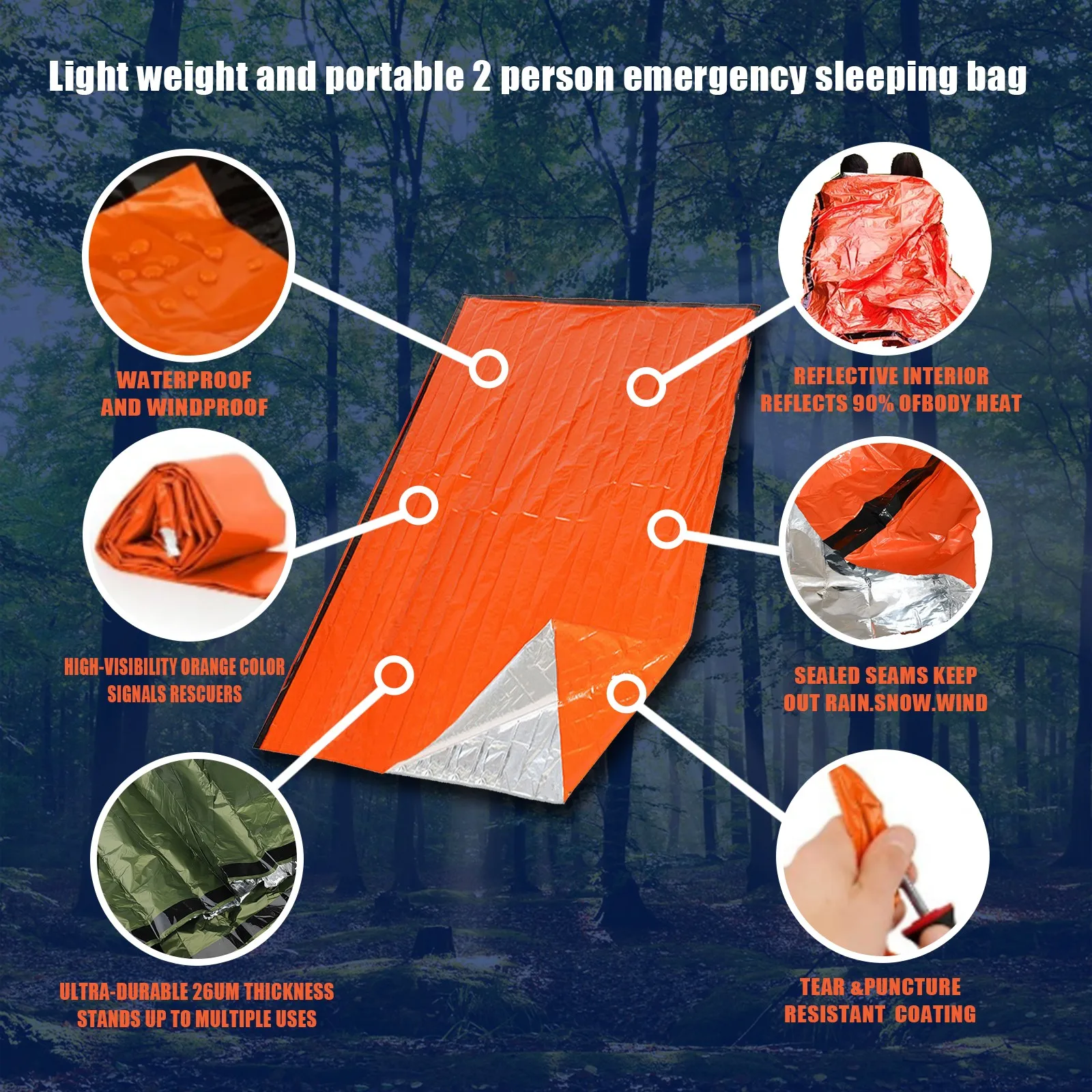 Portable Waterproof Emergency Survival Sleeping Bag Outdoor Edc Camping Gear Thermal Sack First Aid Rescue Kit Mylar Blanket