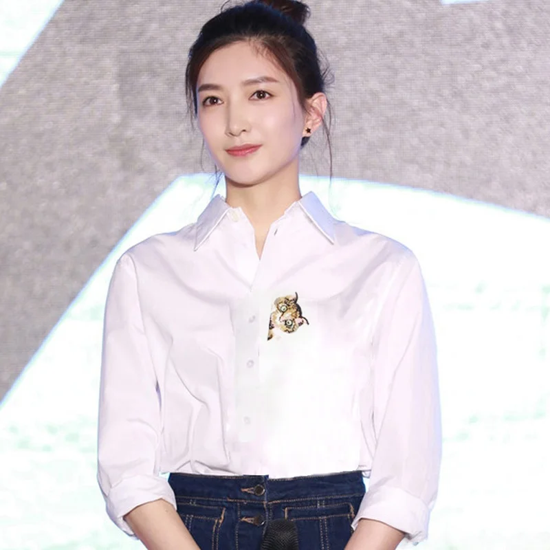

Pure Cotton Long Sleeve Women's Shirt EXJR Jiang Shuying Yang Mi New Style Base Layer White Shirt Collar Button up