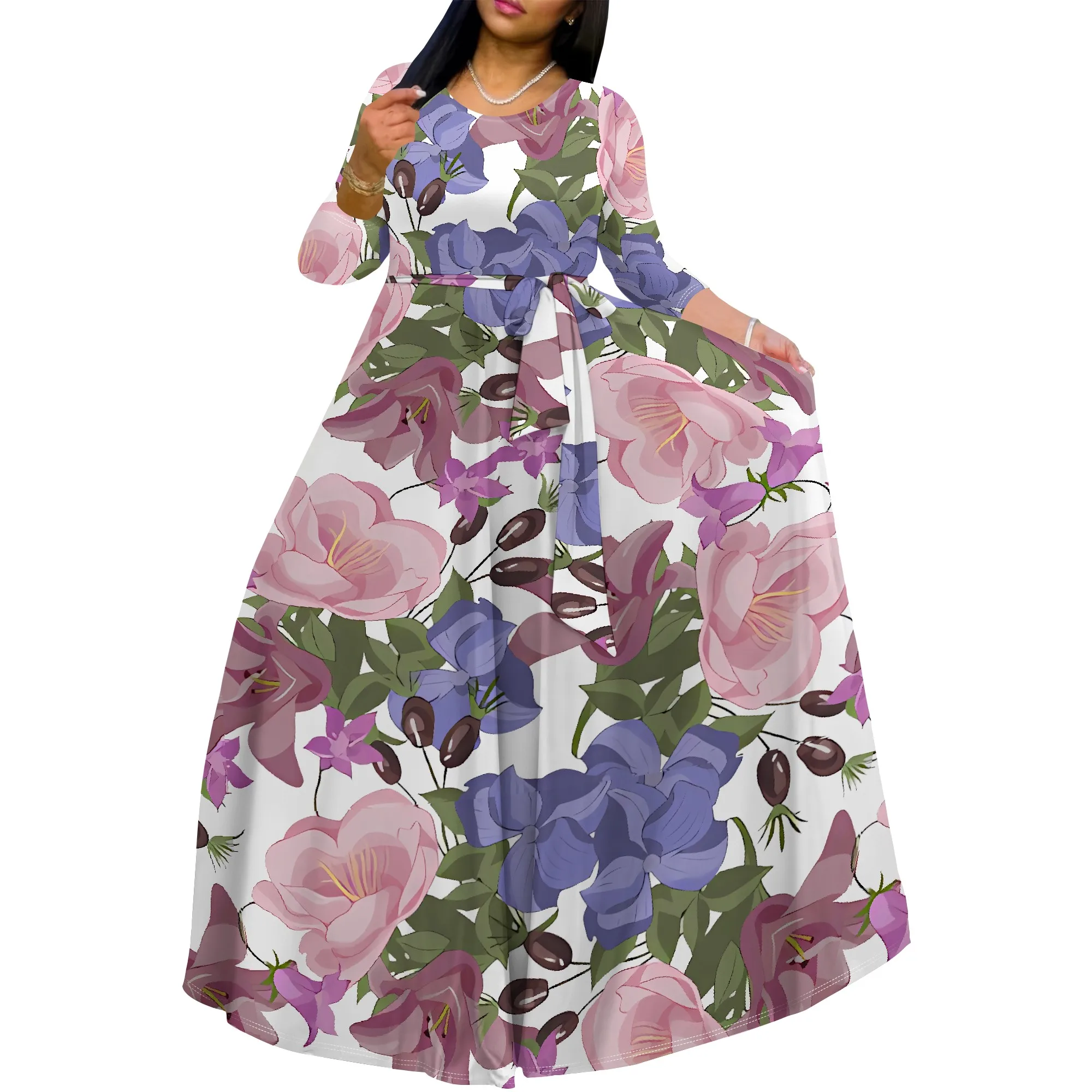 Robe longue beige avec fleurs pastel surdimensionnées, manches longues, style élégant pour femmes, look invité de mariage