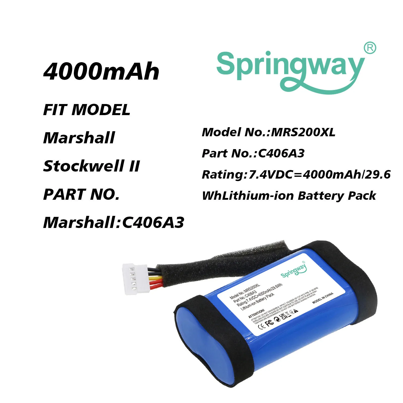 

Speaker Battery For Marshall:C406A3,C406A3-1,Stockwell II,4000mAh / 29.6Wh--7.40V--Li-ion