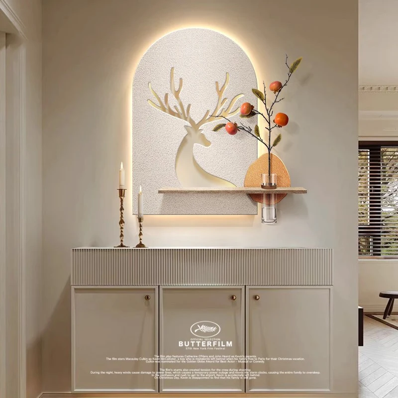 Three-dimensional LED Light Sandstone Decorative Painting with Hydroponic Green Plants and Deer Motif - Hanging Painting