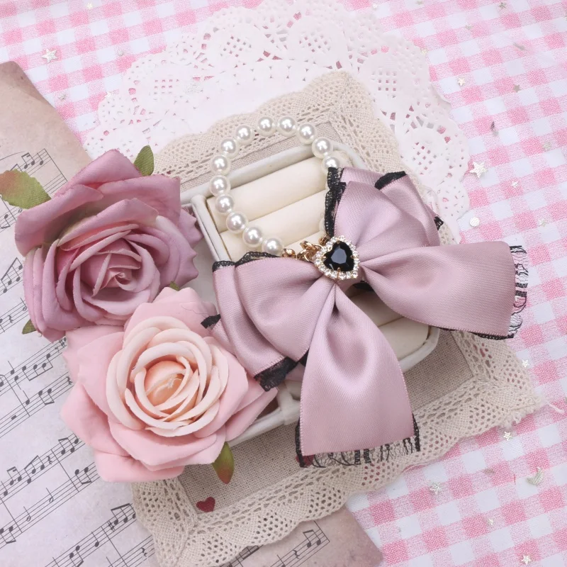 Y2k Lolita Bag Pendant Decor Accessories Imitation Pearl Bow Key Ring Ribbon Rhinestones Keychain Cute Accessary